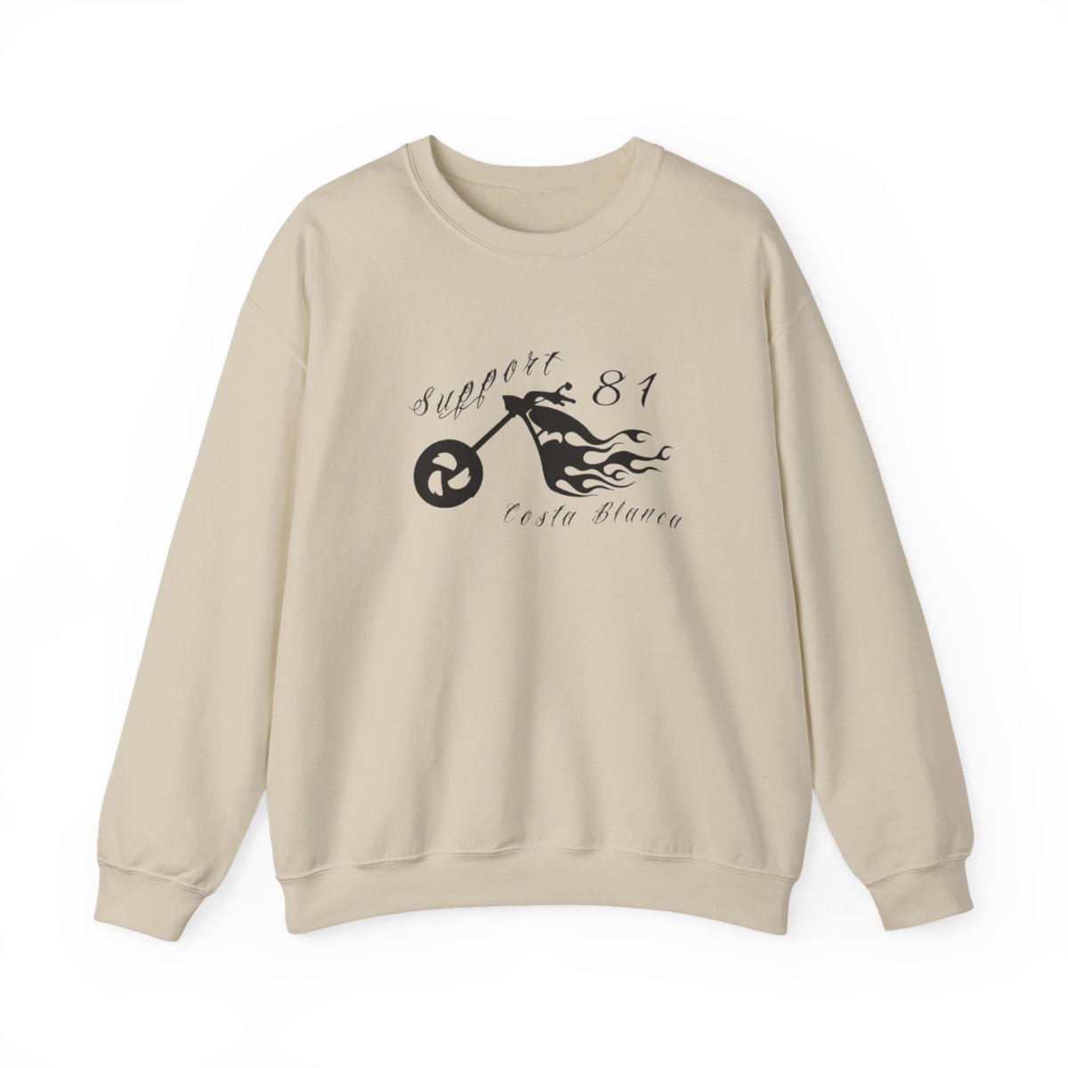 Support 81 Flaming Motorcycle Wheel Crewneck Sweatshirt | Biker Graphic | 81 | Hells Angels - alternate angle 1, merchandise