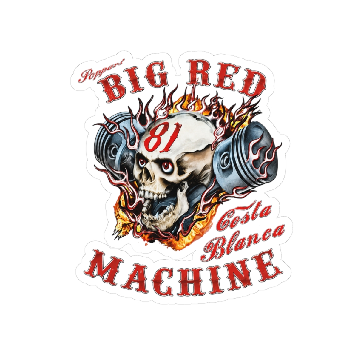Big Red Machine Skull with Pistons Sticker | Kiss-Cut | 81 | Hells Angels